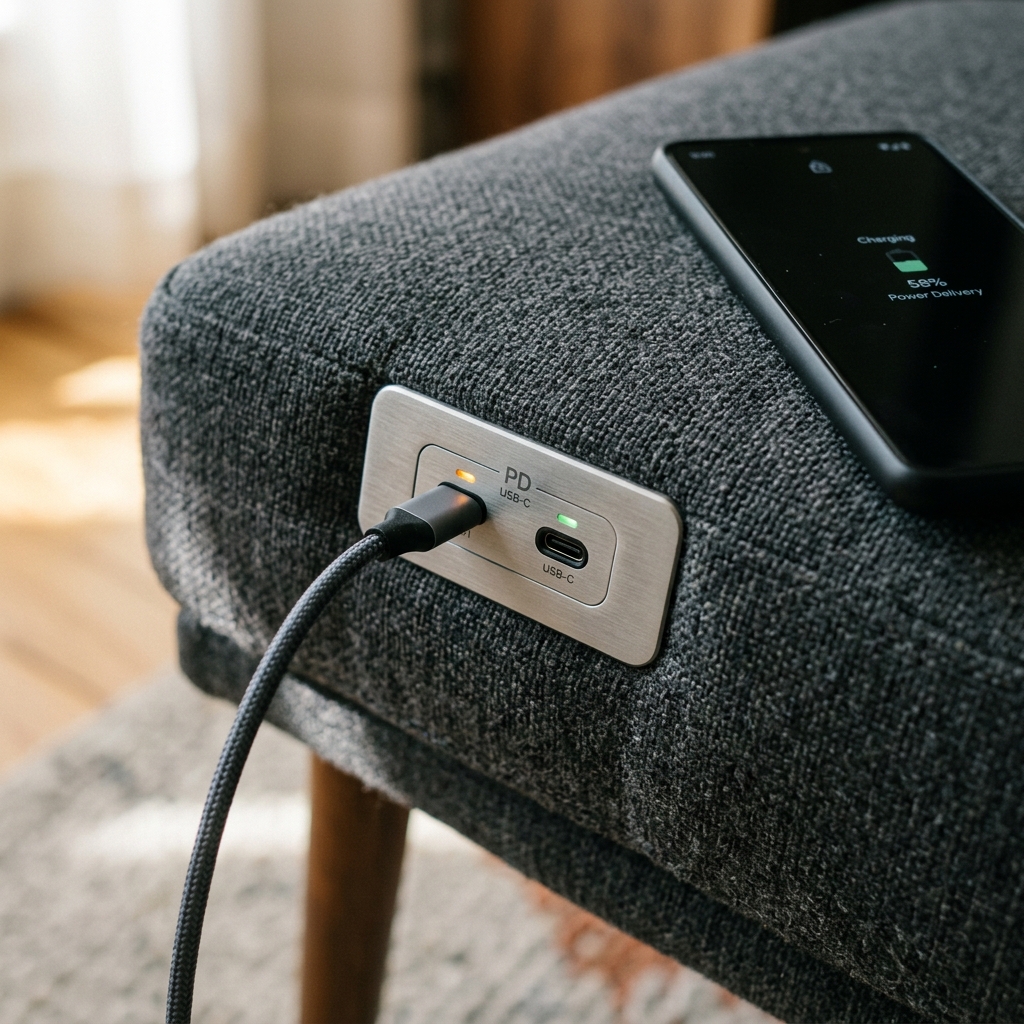 תקריב של מודול טעינה USB-C נסתר המשולב בתוך משענת של כורסת לאונג' עסקית